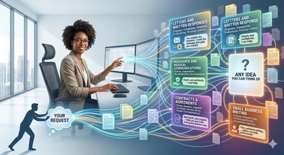 A woman processes a complex flow of business and legal document requests on multiple screens.