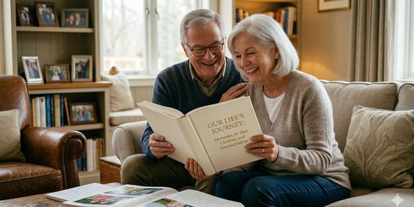 Elderly couple joyfully reading a family memory book together on a couch.