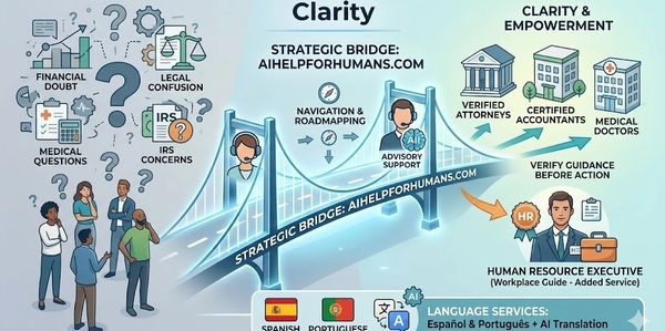 Infographic illustrating a strategic bridge connecting people to clarity and empowerment through legal, financial, and medical guidance.