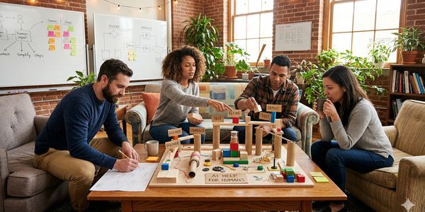A diverse group collaborates on a project using building blocks in a cozy office.