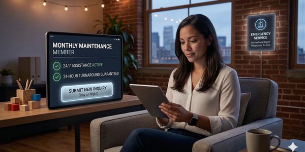 Woman using tablet for 24/7 maintenance service inquiry at home.