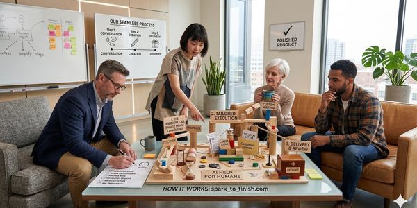 Team discusses a project process using a detailed model on a table.