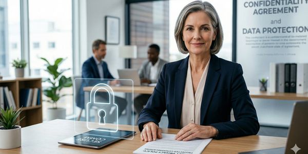 Professional woman at desk emphasizing data protection and confidentiality.