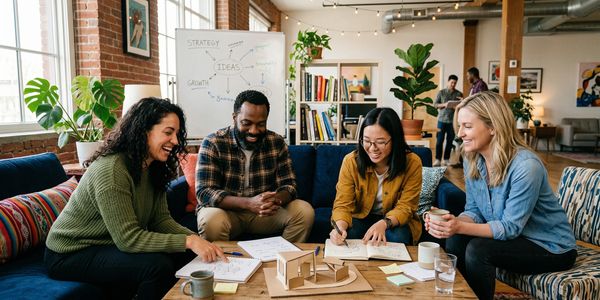 Four colleagues collaborating on a project in a cozy modern office.