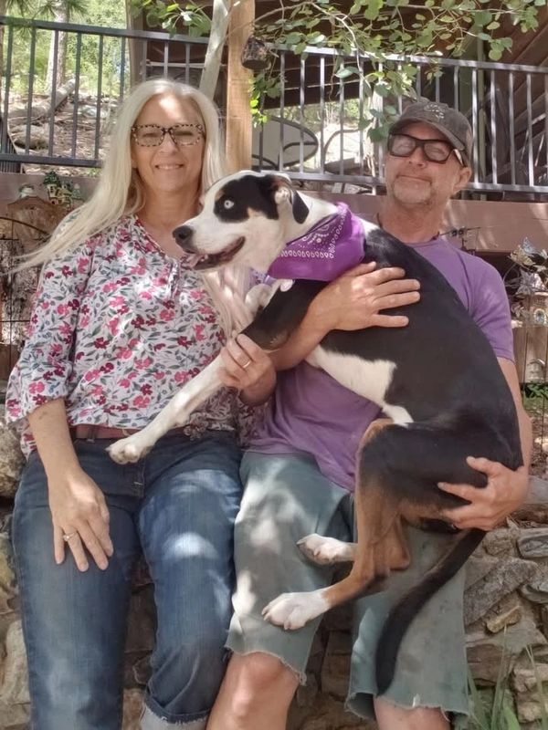Happy couple sitting outdoors with their dog wearing a purple bandana.