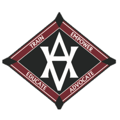 Logo with overlapping letters and four words in diamond shape.
