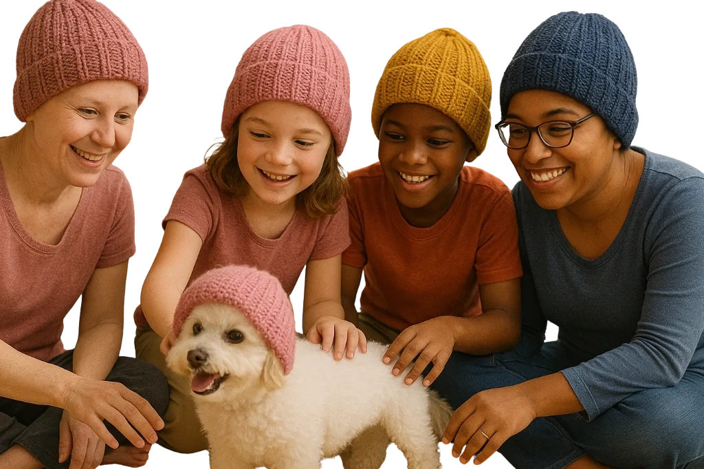 Family wearing knit hats playing with a dog in a matching hat.