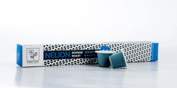 Box of Nelion Intense Roast coffee capsules with two capsules.