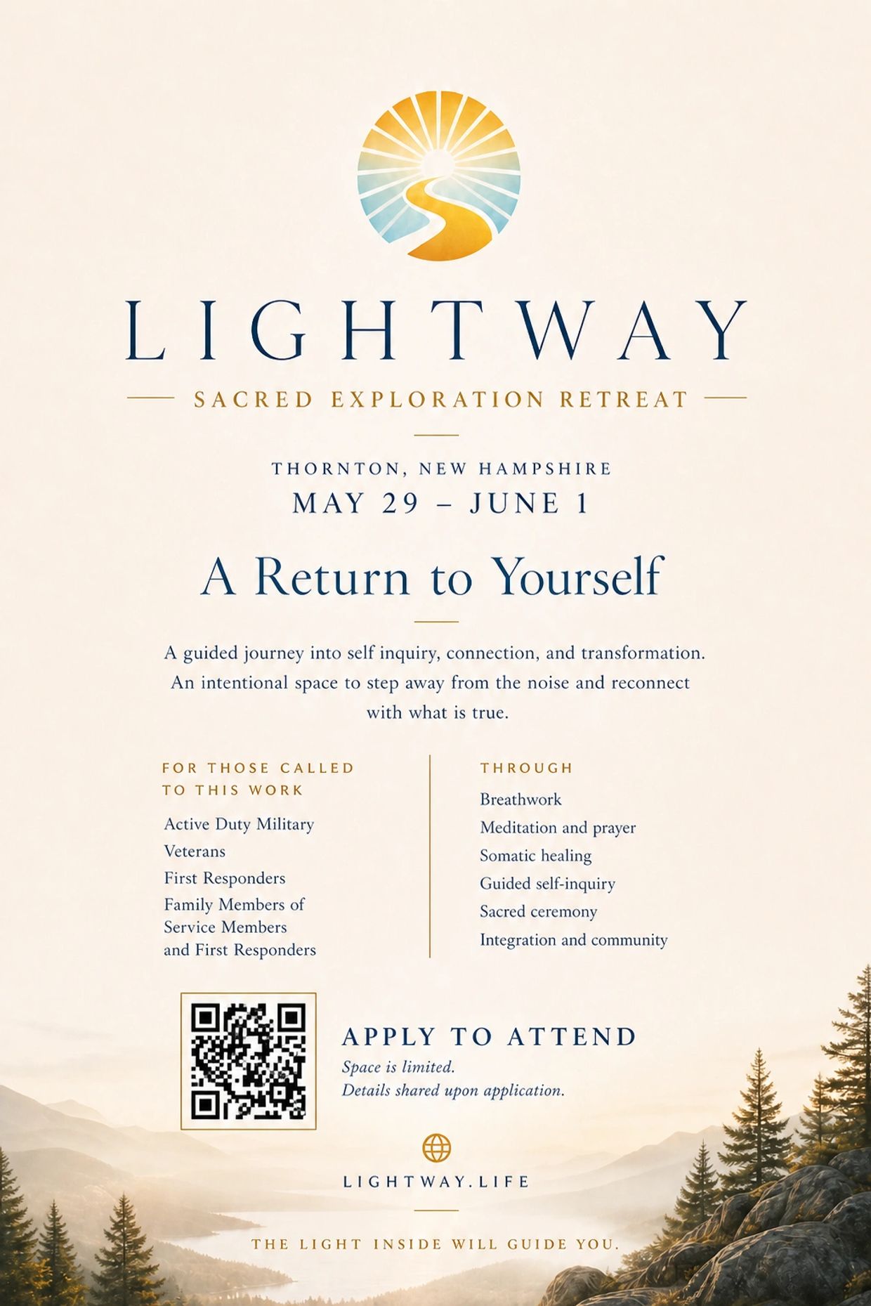 Flyer for Lightway Sacred Exploration Retreat in New Hampshire, May 29-June 1.