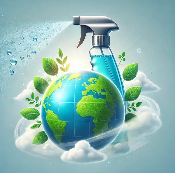 A spray bottle spraying clean around the earth as we know it with leaves and clouds..