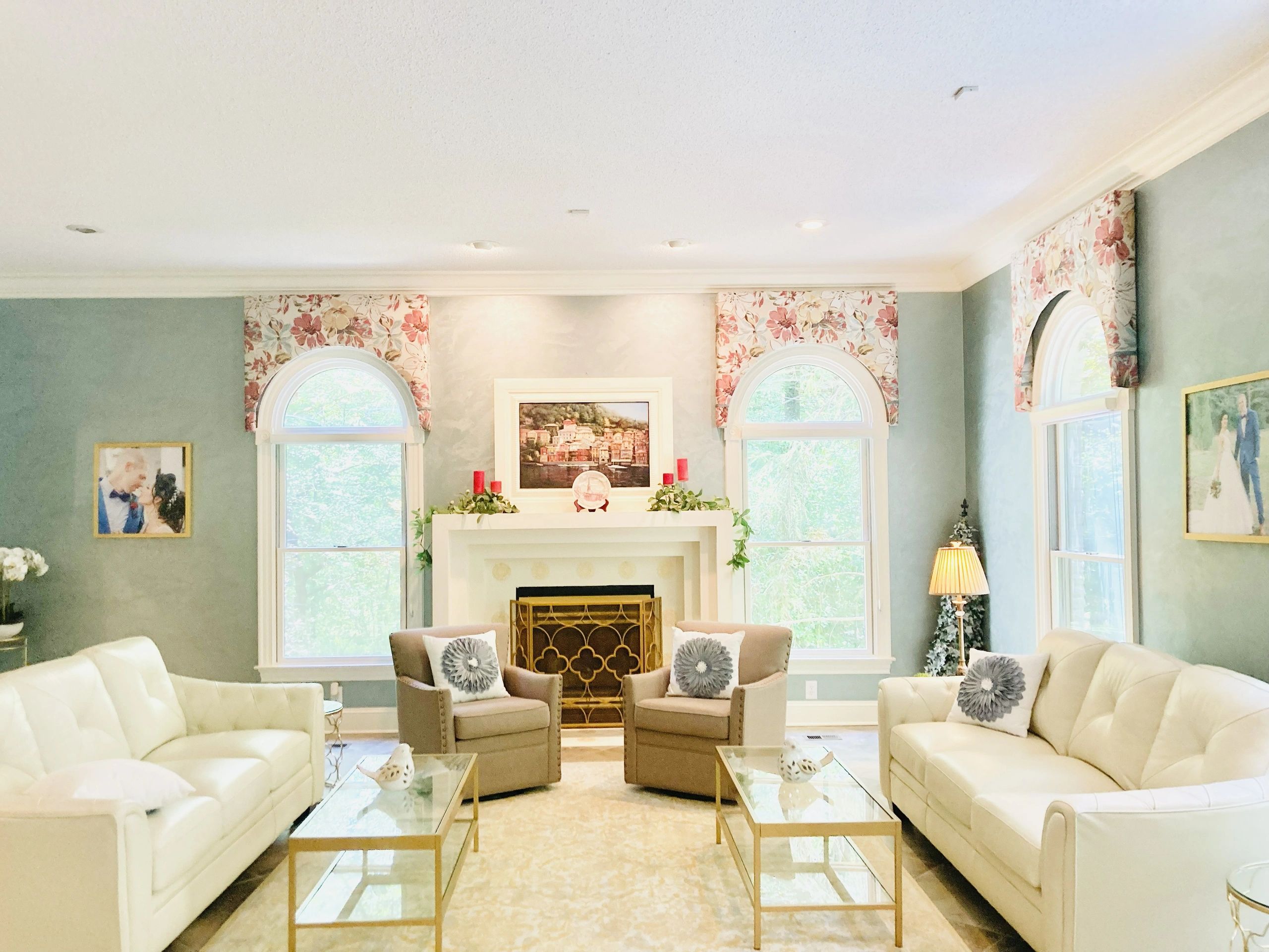 Elegant living room with floral decor and arched windows. Gas logs add warmth, while beautiful finishes complete the space. New windows provide energy efficiency and style with arched transoms. Beautiful light tile provides a cool and easy-to-clean, waterproof surface that is both elegant and resilient enough for even the busiest of families and pets. And a custom wall paint and glaze finish provides a level of artistic customization worthy of executive and luxury homes. From upfitting finishes in the mini-mansions that are popping up all over the Triangle, to older homes with smaller square footage that simply need style updates and space optimization via layout improvements, Vankirk Home Upgrades is here to meet all of your home improvement, renovation, and repair needs! Locally owned and based out of Clayton, NC, we serve the majority of North Carolina. 