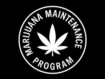 Logo with a marijuana leaf and text.
