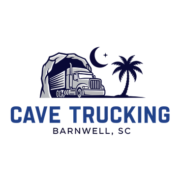 Logo of Cave Trucking with a truck, cave, and palm tree.