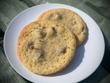 Two chocolate chip cookies on a white plate.
