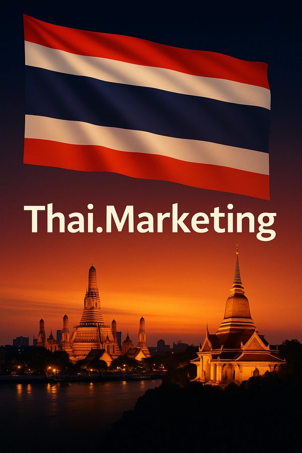 Thai flag waving over illuminated temples at sunset with Thai.Marketing text.