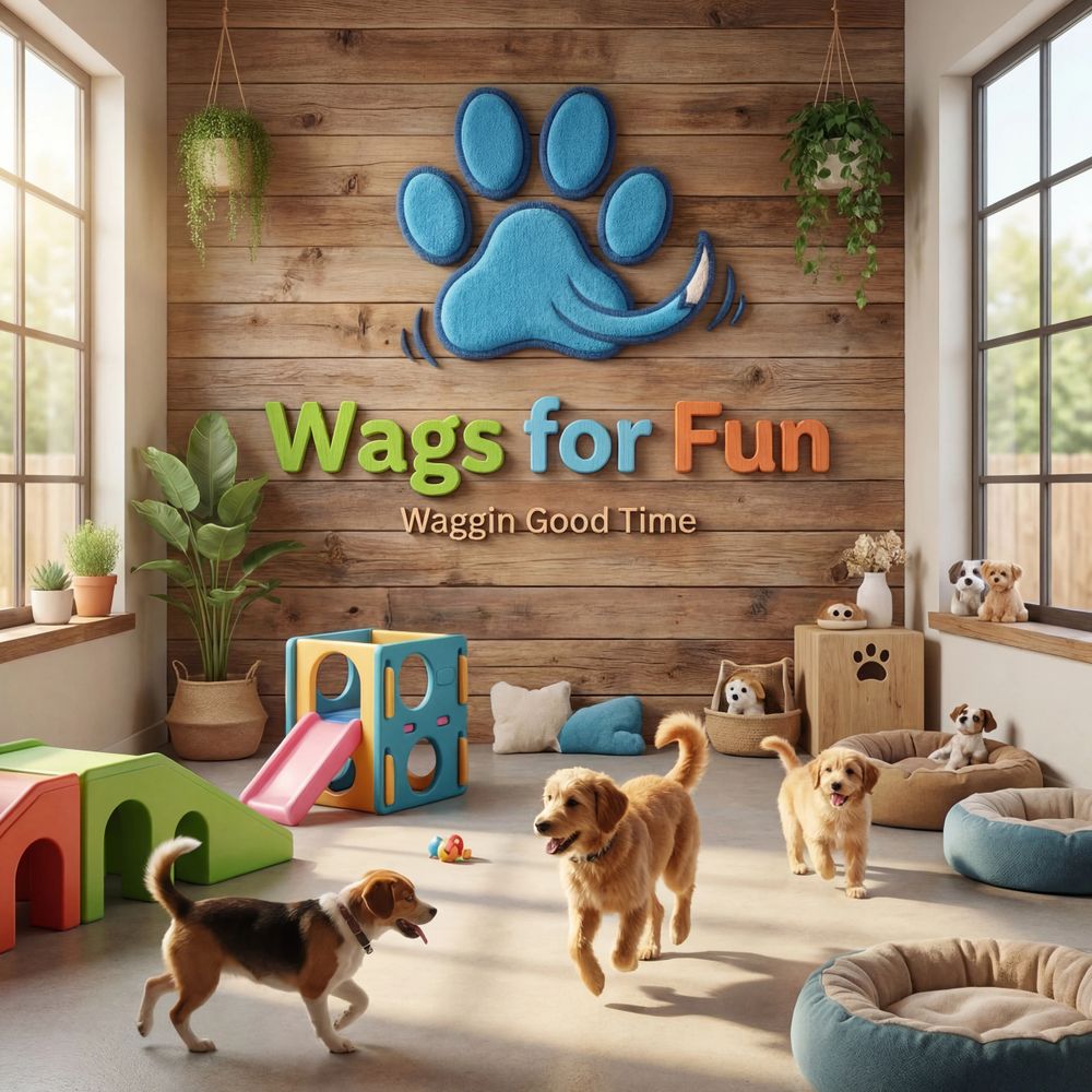 Bright indoor dog play area with happy dogs and colorful toys.