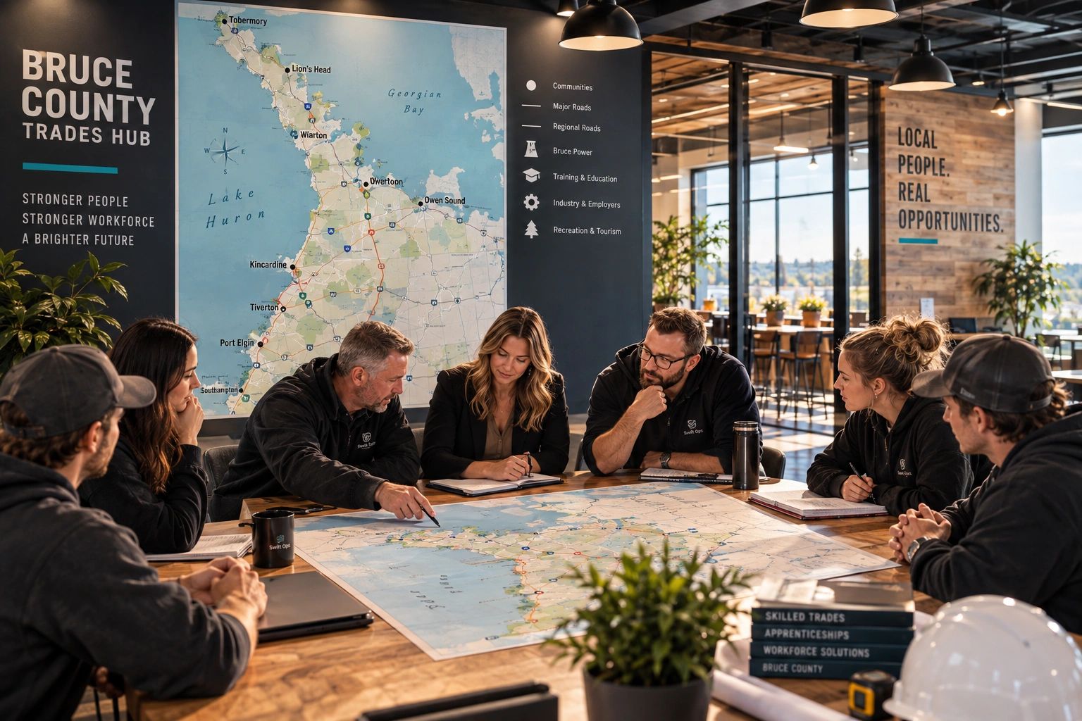 Team meeting around a map in a modern office space.