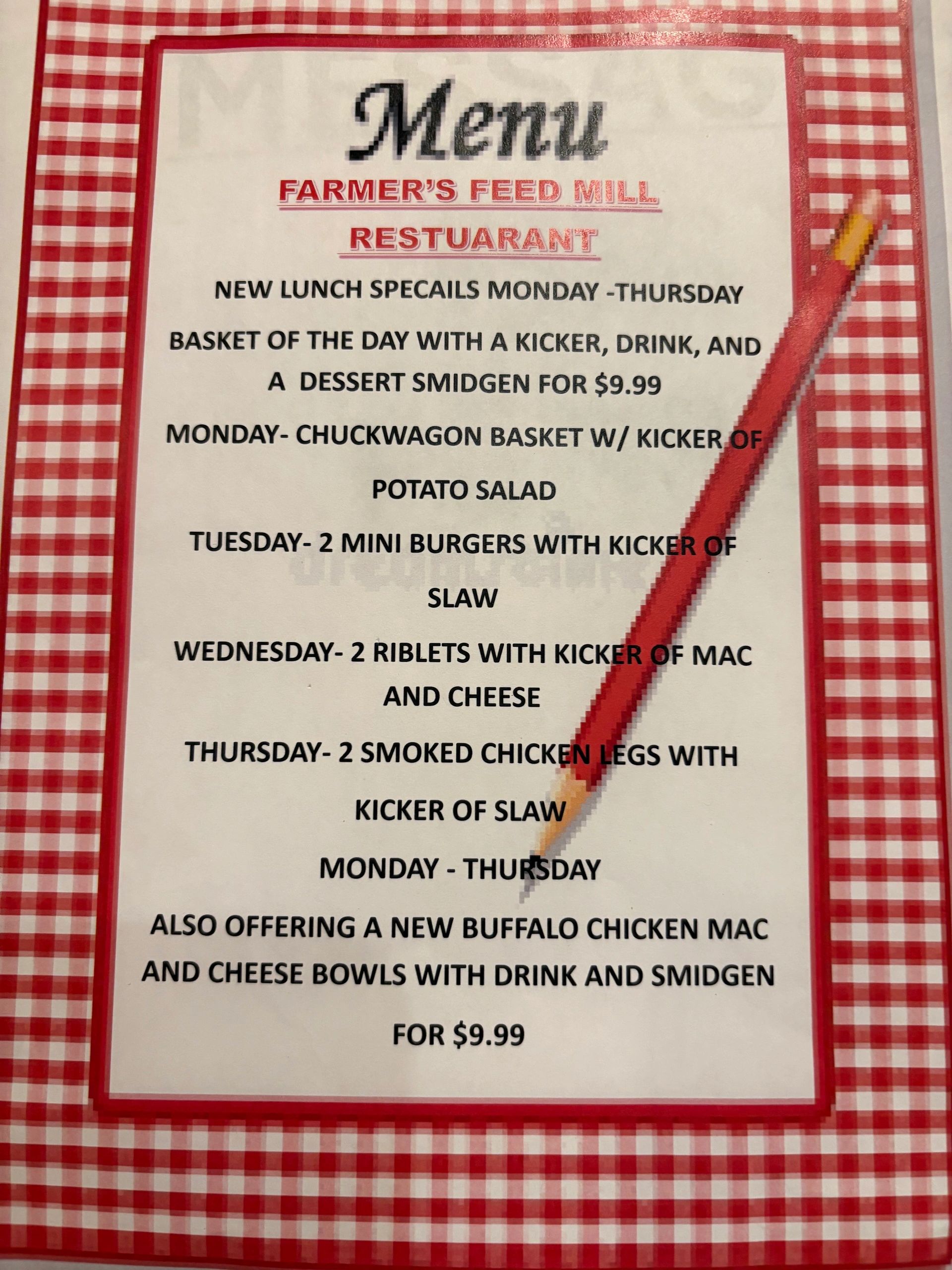 Farmer's Feed Mill Restaurant lunch specials with meals and sides for $9.99 Monday to Thursday.