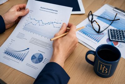 Person analyzing business growth charts with coffee and glasses on desk.