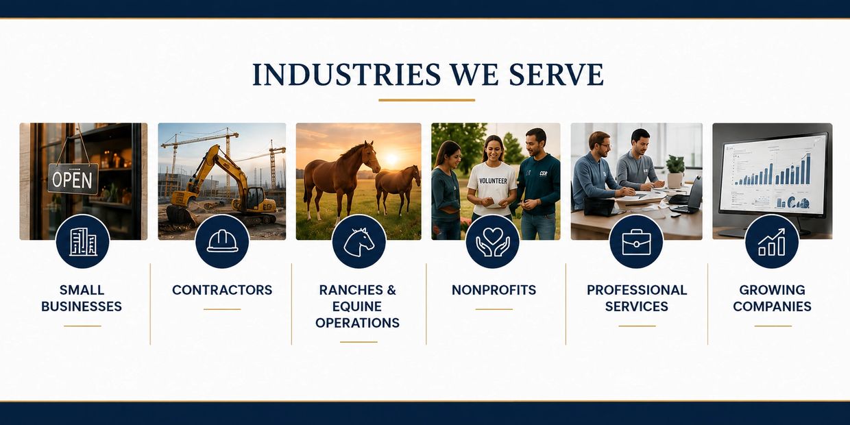 Industries served include small businesses, contractors, ranches, nonprofits, professional services, and growing companies.