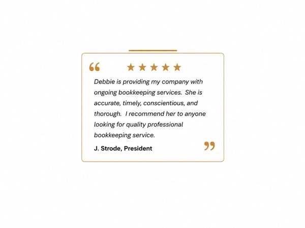 Five-star testimonial praising Debbie's bookkeeping services as accurate and thorough.