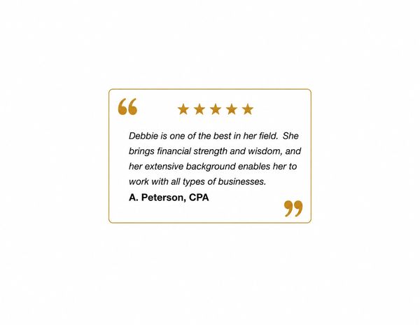 A five-star testimonial praising Debbie's financial expertise and extensive business experience.