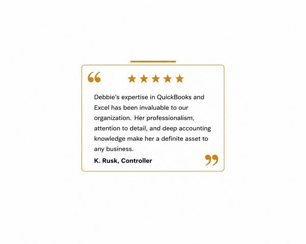Testimonial praising Debbie's expertise in QuickBooks and Excel.