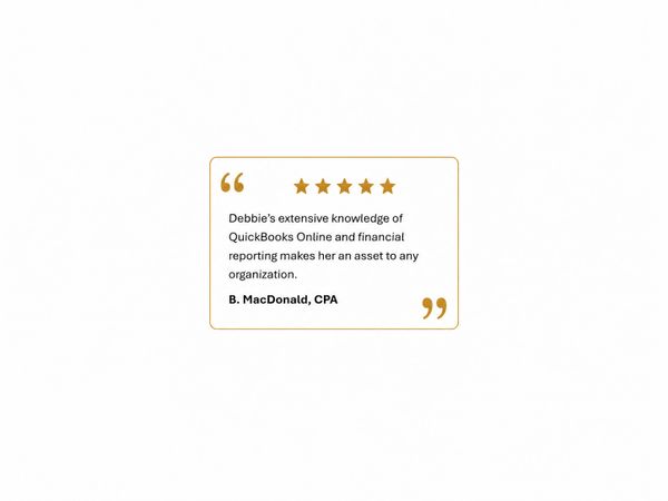 Five-star review praising Debbie's QuickBooks and financial reporting expertise.