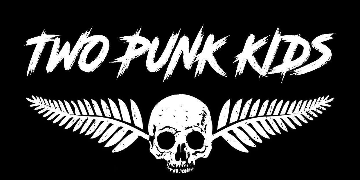 White skull with fern wings and bold text 'TWO PUNK KIDS' on black background.