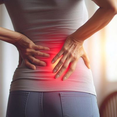 Woman holding her hand against her painful sacroiliac joint