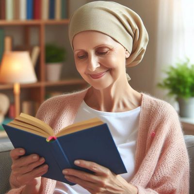 Woman with cancer sitting happily in her living room reading a book..Her pain is controlled.