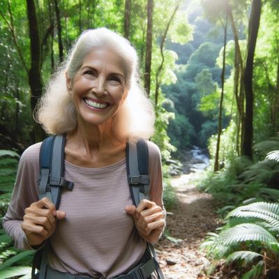 Happy woman hiking in jungle without pain