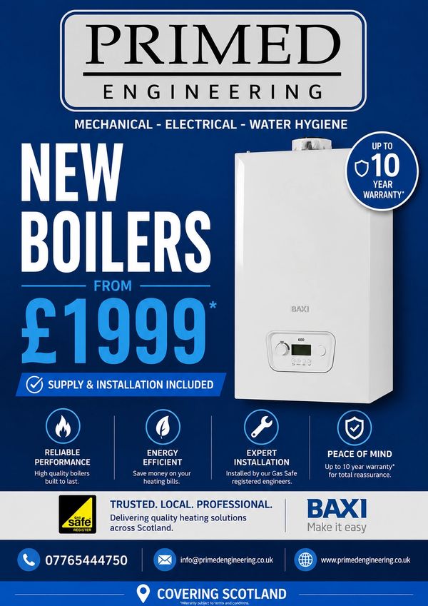 Advertisement for new boilers from Primed Engineering with prices starting at £1999.