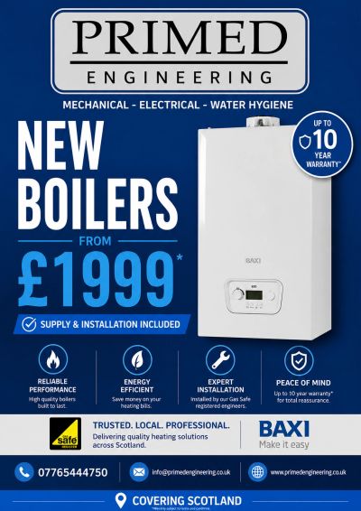 Advertisement for new boilers starting at £1999 with installation included.