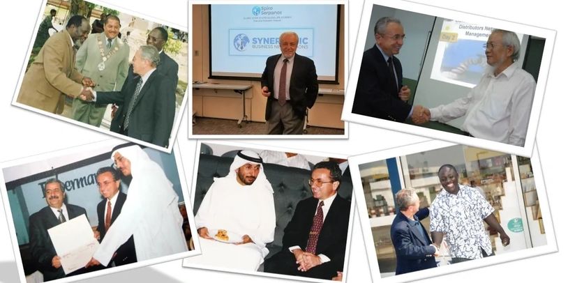 A collage of photos showing Spiro Serpanos meeting with various international business leaders.