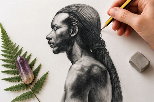 Realistic portrait drawing of a man with dreadlocks.