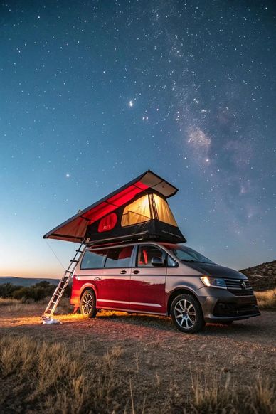 Camper van with rooftop tent under starry sky.