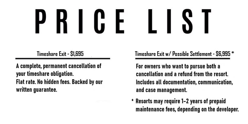 Price list for timeshare exit services with two options and clear descriptions.