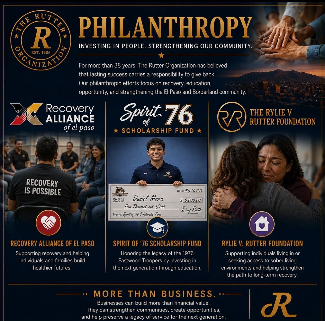 The Rutter Organization's philanthropic focus on community recovery, education, and support.