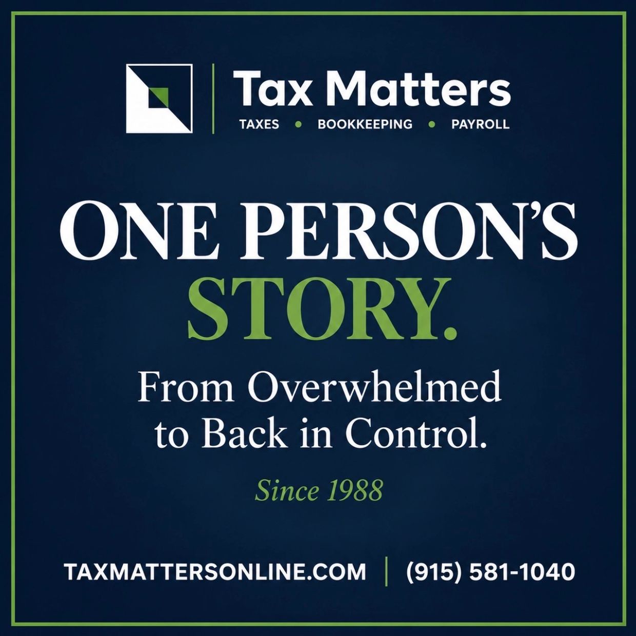 Tax Matters promotes solutions for overwhelmed individuals to regain control since 1988.
