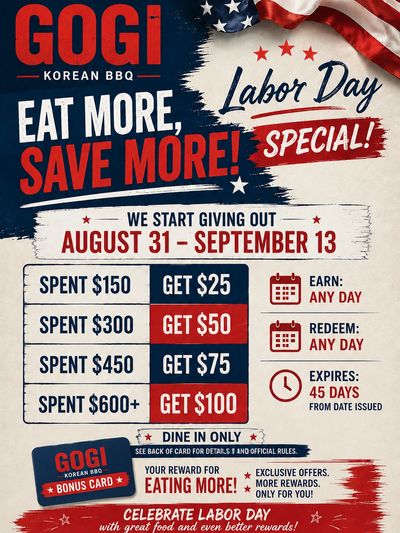 Labor Day special offering cash rewards at Gogi Korean BBQ.