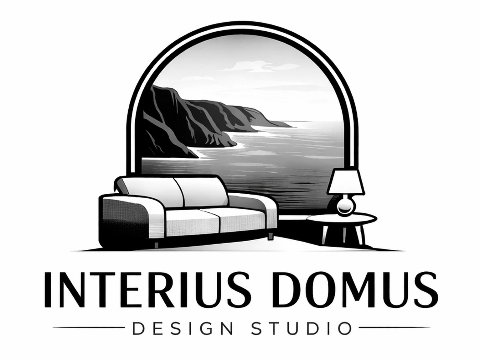 Logo of Interius Domus design studio featuring a cozy interior with ocean view.