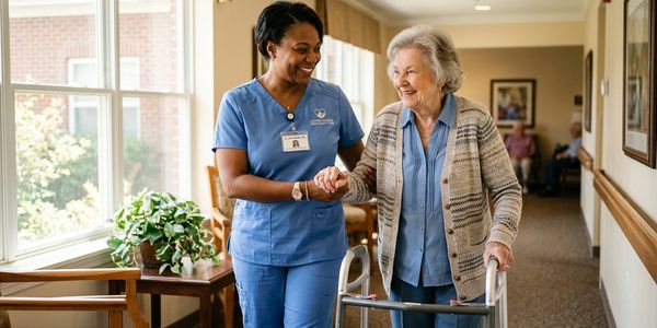 Nurse helping elderly woman with walker.