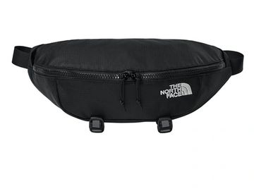 Black North Face waist bag with zipper and logo.