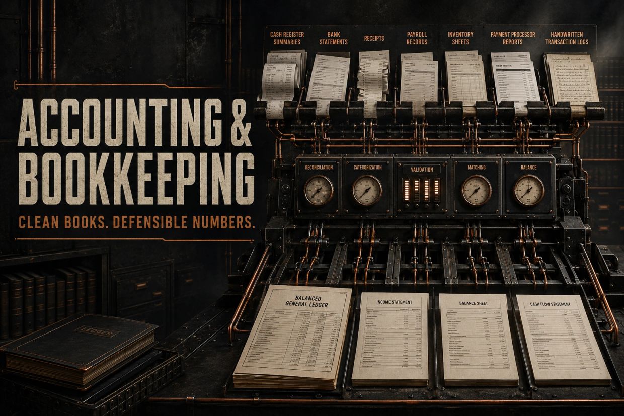 Accounting system turning cash, bank, payroll, receipt, and inventory records into balanced books