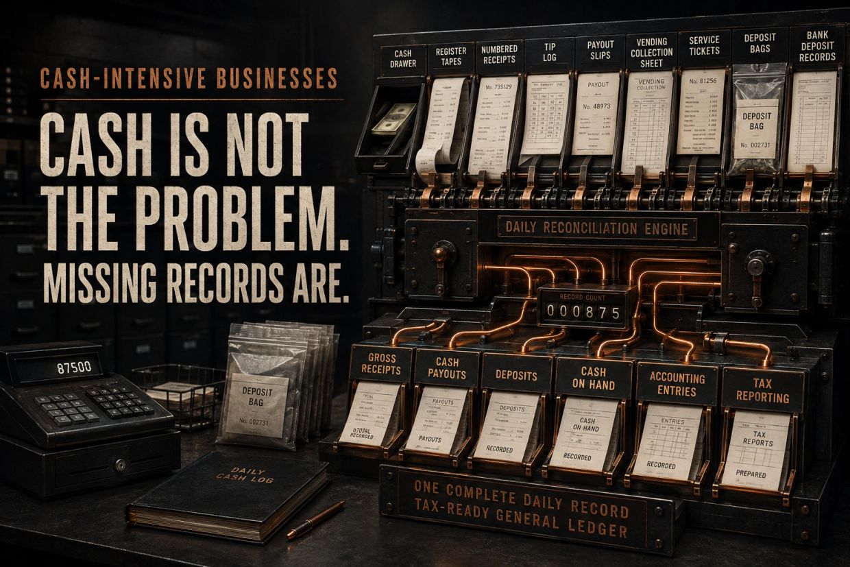 Cash records reconciled from daily receipts, payouts, tips, and deposits into tax-ready business boo