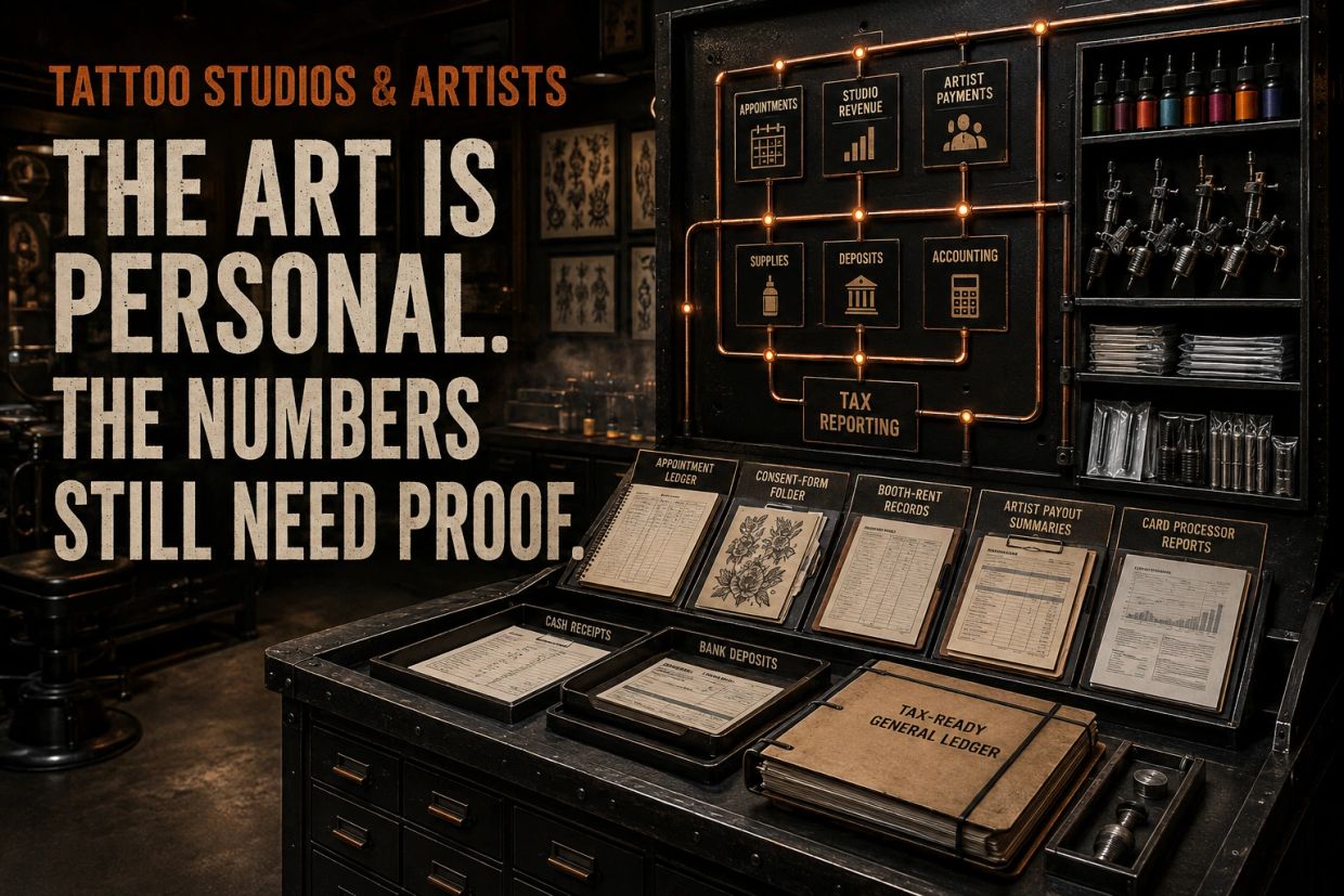 Tattoo studio records connecting appointments, artist payments, booth rent, supplies, deposits, and 