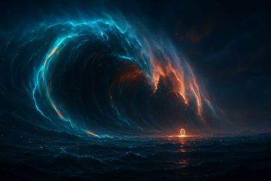 A glowing, surreal wave with a mysterious circular light on the ocean surface.