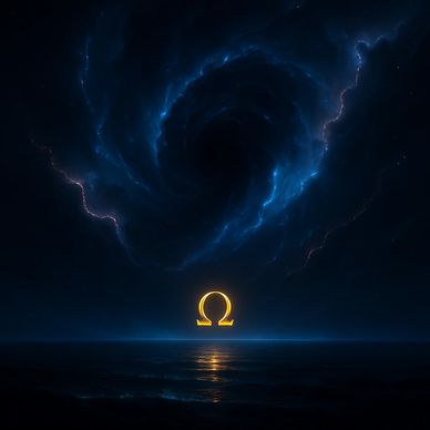Glowing omega symbol beneath a cosmic swirling vortex over dark water.