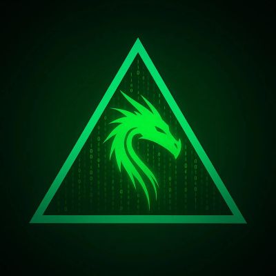 Green dragon head inside a glowing triangle with digital code background.